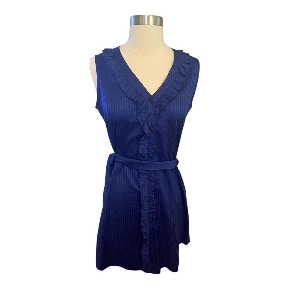 Kayce Hughes Blue Striped Ruffle Sleeveless Belted Dress Size 0